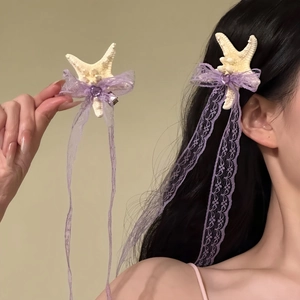 Starfish Hair Clip Sweet Holiday Style Purple Lace Bow Hairpin With Braid Chain Handmade Duckbill Clip Women Hair Accessories