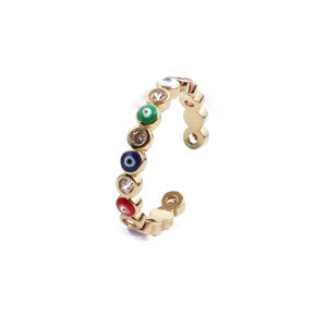 Golden open ring with colorful evil eye enamel and zircon stones in a modern minimalist style