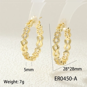 Detail view of gold chain link hoop earrings with cubic zirconia and 28mm diameter dimensions