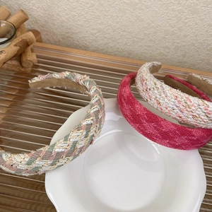 Three-piece tweed headband set in rose pink plaid and white woven textures for women