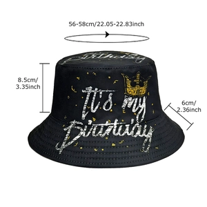 Black birthday bucket hat with crown print and 'It's my Birthday' text, 45-degree angle view