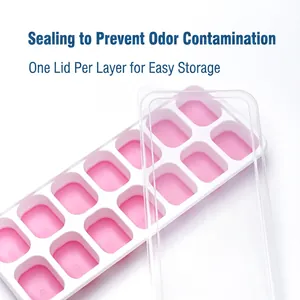 14-grid stackable ice cube tray with pink silicone bottom and clear airtight lid