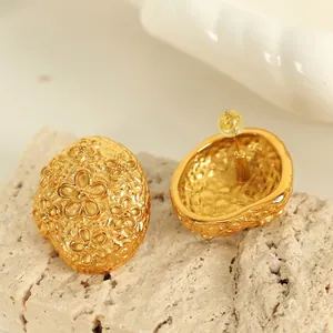 Square woven 18k gold plated titanium steel earrings with embossed floral details