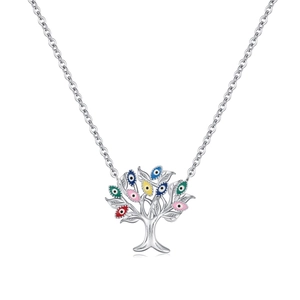 Halskette aus S925 Sterlingsilber, Lebensbaum mit bunten Evil Eye Anhängern auf Weiß