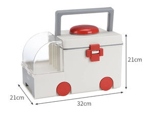 Detailed dimensions of the ambulance-shaped home first aid kit measuring 32x21x21 cm