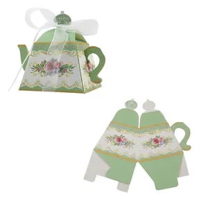 Floral teapot-shaped paper candy box with ribbon and dimensions for wedding gift packaging