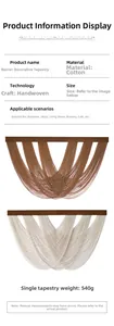 Detail view of hand-woven cotton macrame wall hanging with wooden boards and fringes