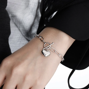 Silver OT buckle heart chain bracelet for women with a minimalist aesthetic style