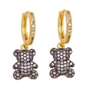 Fashionable gold hoop earrings with sparkling pink zircon teddy bear pendant charms
