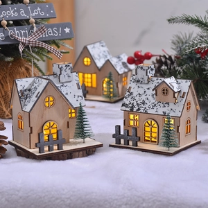 Wooden LED Luminous Christmas House Snow Miniature Cabin Ornament For Desktop Festive Holiday Decoration