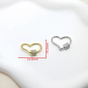 Gold and silver heart-shaped screw clasps with zircon inlay, 19.5mm by 23.8mm sizes
