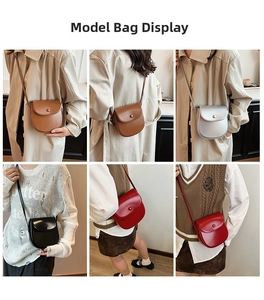 Vier modische Mini-Satteltaschen in Braun Silber Schwarz und Rot getragen von einem Model