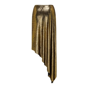 Detail of high-waisted gold metallic skirt featuring an asymmetrical hem and pleated texture
