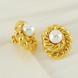 Vintage French Style Twisted Rope Stainless Steel Earrings Plated Gold With White Artificial Pearl For Women Elegant Ear Studs