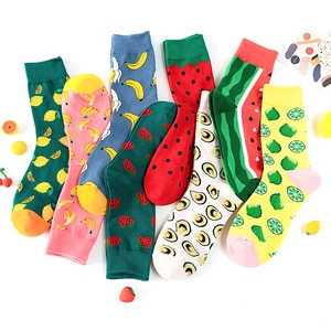 Breathable cotton mid-calf socks with vibrant fruit patterns including lemon and strawberry
