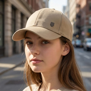 Classic light khaki baseball cap with a small metal shield logo for middle-aged men
