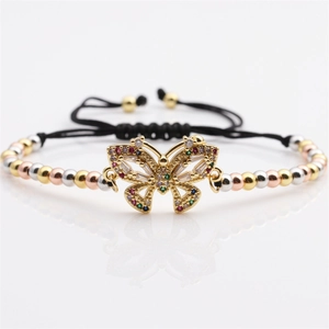Bracciale intrecciato regolabile con farfalla di zirconi colorati e perline tricolore