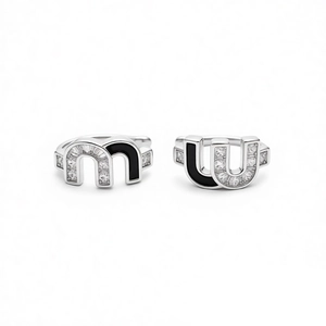 Silver snake-style double layer M earrings with black enamel and white zircon stones