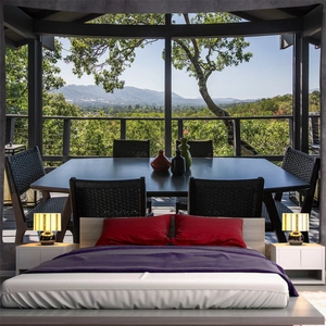 Bedroom wall decor tapestry showing a 3D landscape of mountain forest scenery