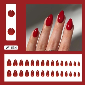 Glossy solid red press-on nails set with long almond shape and 30 pieces of various sizes