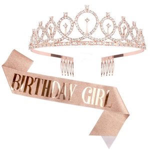 Detail of rose gold birthday tiara with rhinestones and glitter Birthday Girl sash