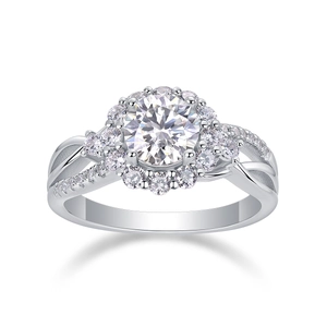 Close-up of S925 sterling silver ring with D color moissanite and halo setting details