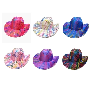 Western Cowboy Hat Metallic Rainbow Plaid Wide Brim Festival Party Disco Costume Accessory For Adult