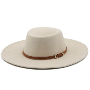 Cream wool felt flat top hat with brown leather strap and metal buckle for outdoors