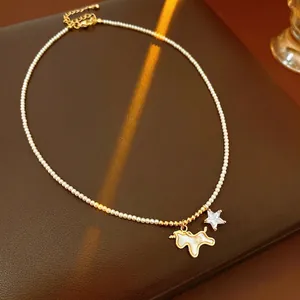 Unicorn Star Pendant Necklace Copper Zircon Enamel Imitation Artificial Pearl Adjustable Choker Trendy Jewelry For Women