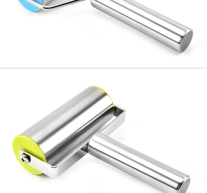 Dual-view detail of a stainless steel rolling pin with blue and yellow end caps