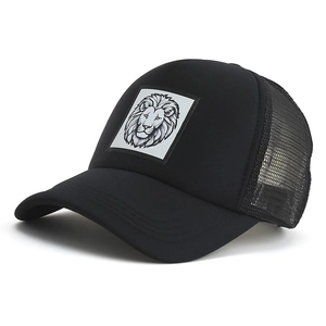Stylish black trucker baseball cap featuring a detailed lion head patch and mesh.
