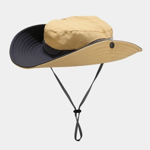 Women's foldable wide brim sun hat with ponytail hole and UV protection in khaki and navy