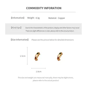 Size chart of C-shaped textured gold earrings with colorful stones and measurements