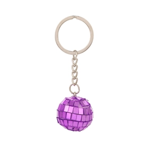 Detailed macro shot of a purple disco ball keychain with reflective mirrored tiles