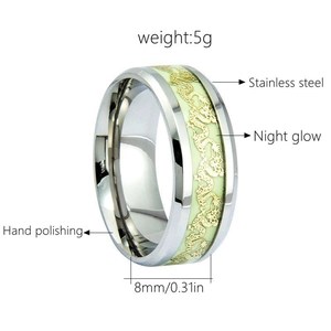 Close-up of 8mm stainless steel dragon ring showing its weight and night glow material