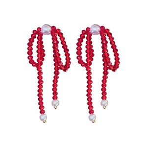 Elegant red beaded bow earrings with white pearls and luxury vintage silver needle studs