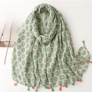 Women Floral Print Scarf Lightweight Tassel Shawl Thin Sun Protection Bali Yarn Wrap For Travel Spring Summer
