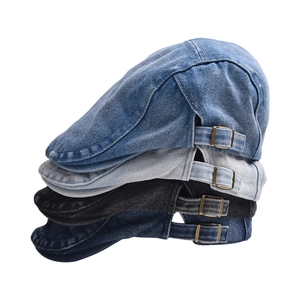 Vintage Washed Denim Ivy Cap Retro Adjustable Metal Buckle Flat Hat Short Brim Streetwear For Men Women