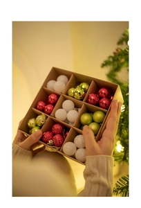 Assorted 3cm Christmas ball ornaments in festive colors and textures in a craft box