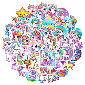 Vibrant pack of 50 cute cartoon unicorn and rainbow stickers with waterproof PVC finish