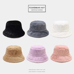 Women Winter Thickened Plush Bucket Hat Warm Soft Polyester Faux Fur Fisherman Hat Japanese Style Solid Color Fashion Basin Cap