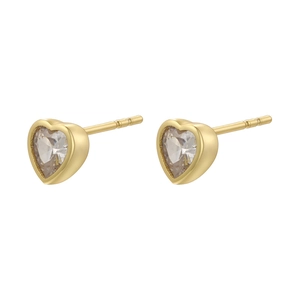 Elegant gold-plated heart stud earrings with sparkling faceted crystal gemstones