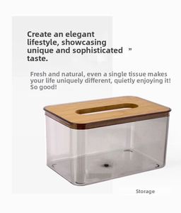 Close-up of minimalist clear grey tissue box with natural wood lid and top opening