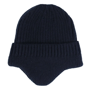 Close-up of deep blue knitted beanie featuring ear protection and thick fleece lining