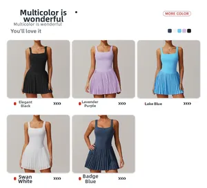 Detailed grid of pleated tennis dresses in five colors featuring wide shoulder straps
