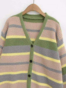 Close-up of striped knit cardigan featuring a V-neck, wooden hanger, and black buttons