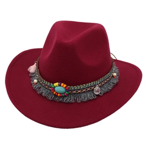 Burgundy western cowboy felt hat with turquoise ethnic band and fringe detail