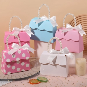 Wedding Candy Gift Boxes Handbag Shape With Faux Artificial Pearl Handle And Ribbon Bow Paper Cardboard Elegant Party Favors