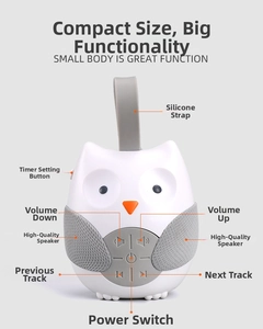 Detail showing silicone strap and functional buttons on owl-shaped baby sleep aid player
