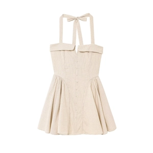 Elegant Women Halter Plaid Dress Sleeveless Button Front Back Smocking Mini Length Apricot Casual Vacation Outfit